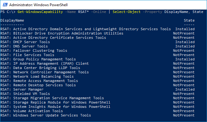 install rsat tools windows 10 powershell