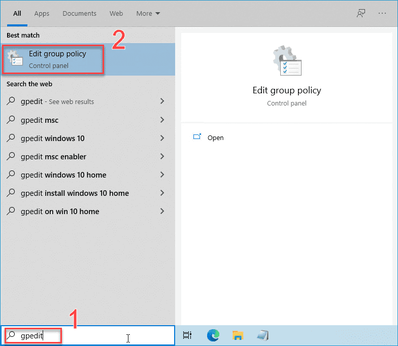 Screenshot showing "Edit group policy" in the Control Panel.