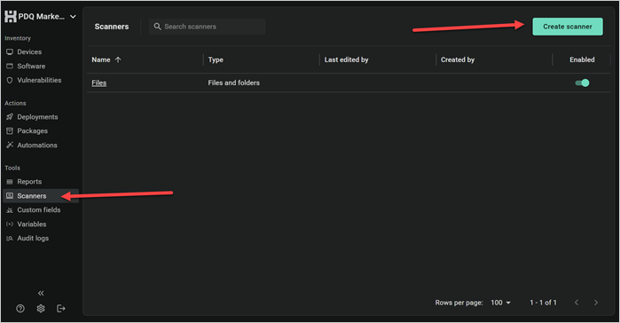 PDQ Connect Scanners page with arrows pointing to Scanners in the sidebar and the Create scanner button.