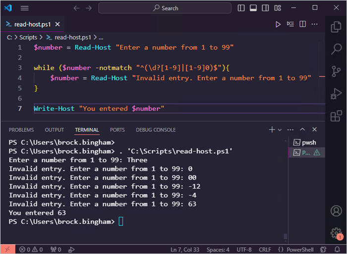 This is an example of how to validate PowerShell Read-Host input using regex.