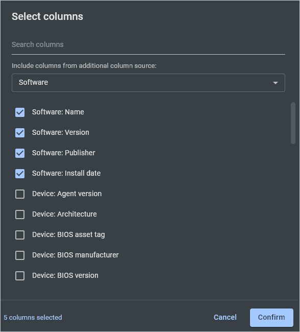 Selecting columns to add to a report in PDQ Connect.