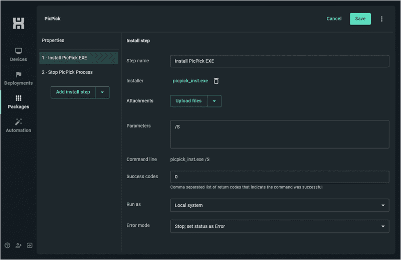 Add your installer and silent parameters to the package.