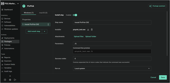 PicPick install step in PDQ with the installer attached and silent /S parameter configured.