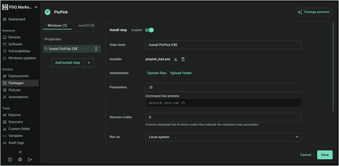 PicPick install step in PDQ with the installer attached and silent /S parameter configured.