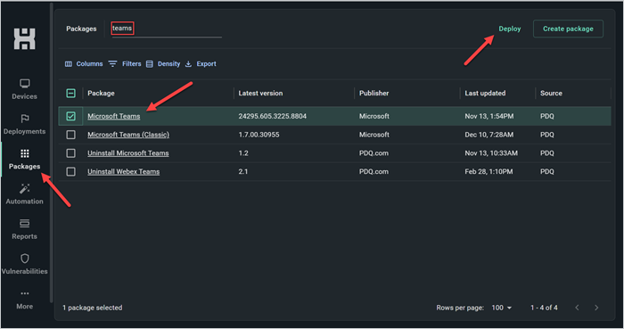 Screenshot showing Packages in the left navigation bar, the search field, the Microsoft Teams package, and the Deploy button in the PDQ Connect UI. 