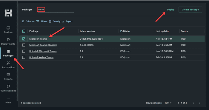 Screenshot showing Packages in the left navigation bar, the search field, the Microsoft Teams package, and the Deploy button in the PDQ Connect UI.