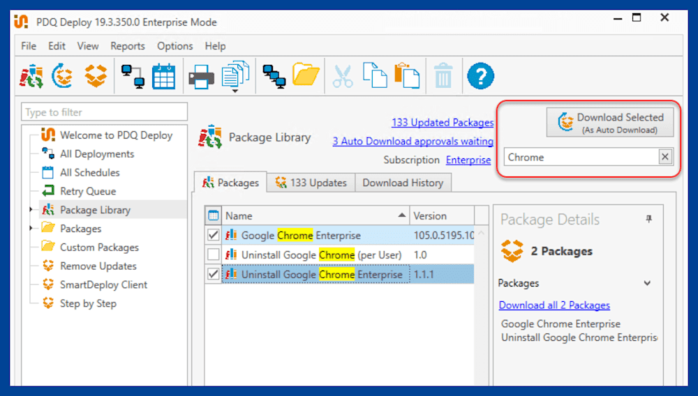 Filtering for and downloading Chrome packages in the Package Library