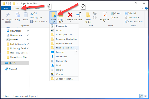 Screenshot showing how to move a file via the ribbon menu. 