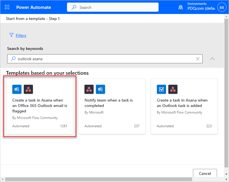 Click the "Create a task in Asana when an Office 365 Outlook email is flagged.