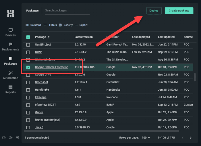 Click Deploy to begin a package deployment in PDQ Connect.