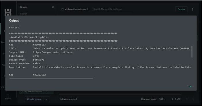 Screenshot of the PDQ Connect output log after running PSWindowsUpdate – Get All Applicable Updates from Microsoft (Audit Only).