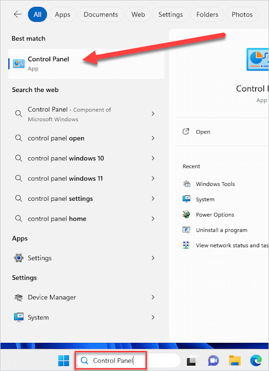 Open the Control Panel app from the Windows Start menu.