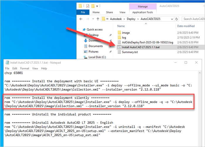 Copying the silent installation command from the Autodesk batch file that was created by running the Autodesk deployment file.