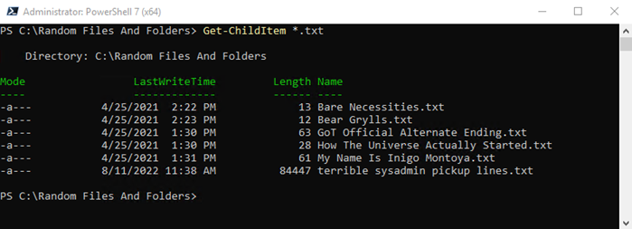 Screenshot of PowerShell console showing the output of Get-ChildItem *.txt.
