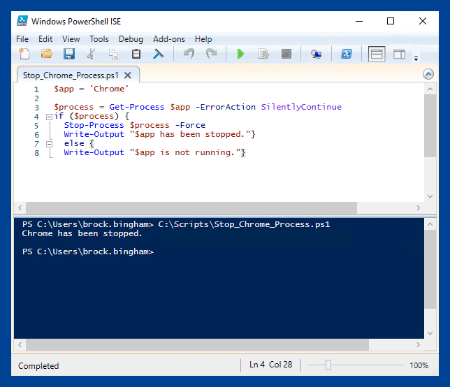 Screenshot of Windows PowerShell ISE displaying a script editor with syntax highlighting and output pane for script execution.