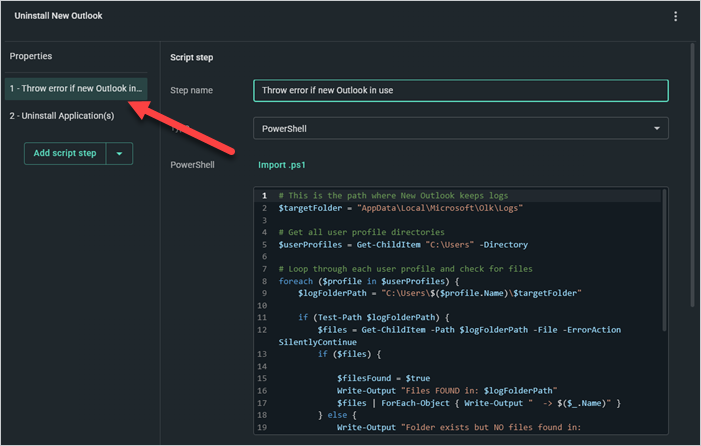 Creating a PowerShell script step and moving it above the Uninstall Applications step.