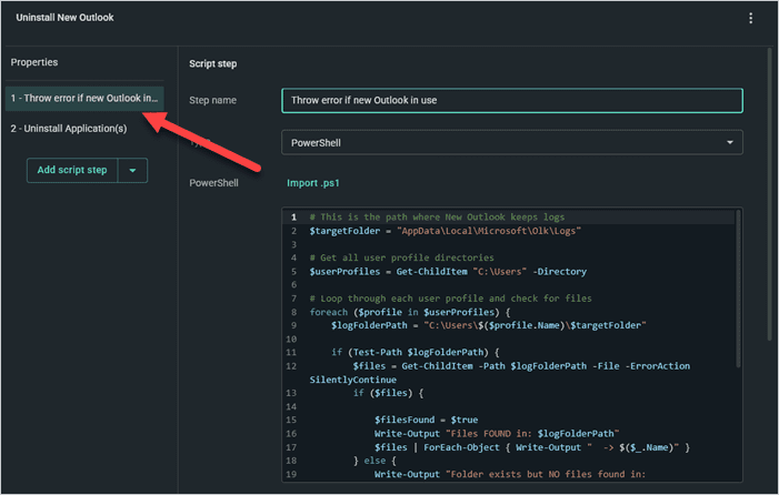 Creating a PowerShell script step and moving it above the Uninstall Applications step.