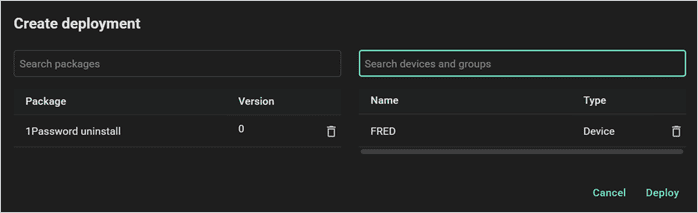 Screenshot of deploying the uninstall package to devices.