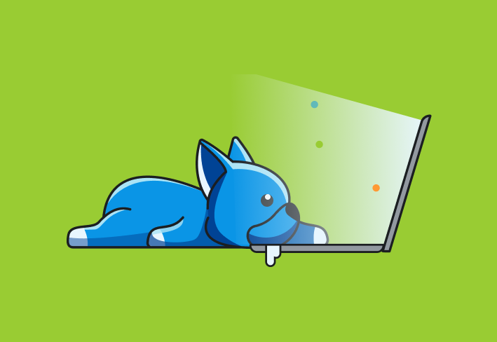 Dog drooling while reading content on laptop