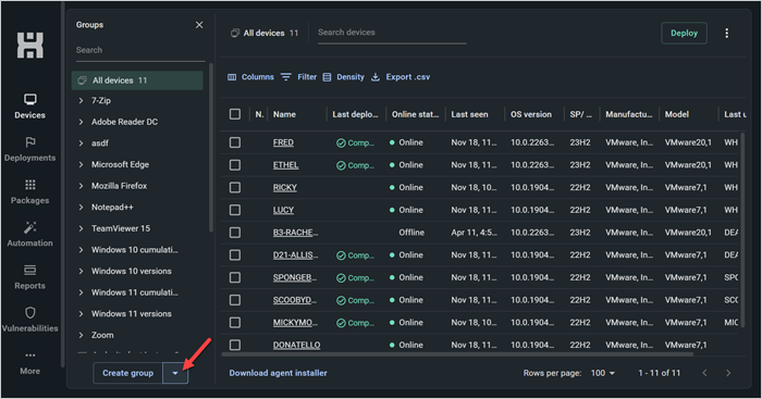 Screenshot showing the "Create group" drop-down menu in the PDQ Connect interface.