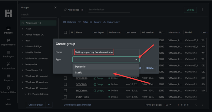 Screenshot showing the "Create group" window in the PDQ Connect interface with the name "Static group of my favorite customer" inputted and "Static" selected for "Type."