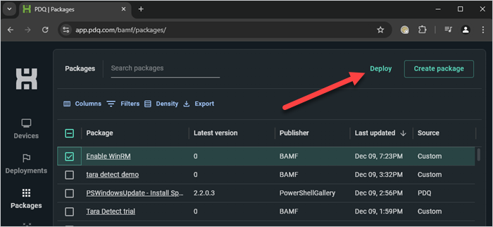 Screenshot of selecting a package to deploy in PDQ Connect.