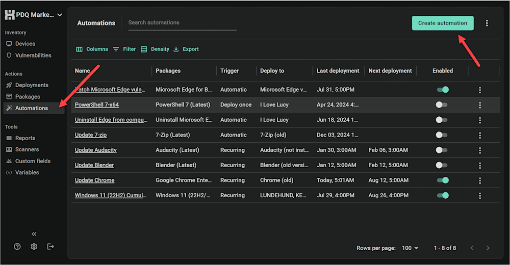 PDQ Automations dashboard showing list of software update tasks with 'Create automation' button highlighted.
