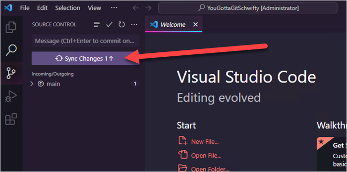 Syncing the changes to your GitHub repository in VS Code.