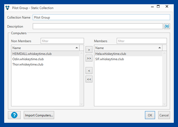 In PDQ Inventory create a New Static Collection named Pilot Group and add devices to test