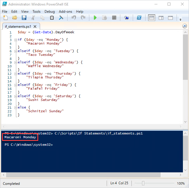 Example of PowerShell script using If statements, Else statements, and nested conditional statements.