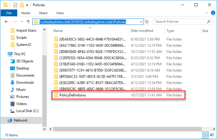 File Explorer showing the PolicyDefinitions folder selected inside a SYSVOL policies directory.