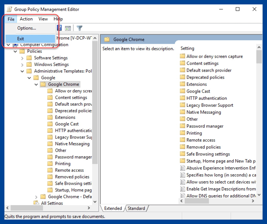 Exit group policy by clicking File then Exit