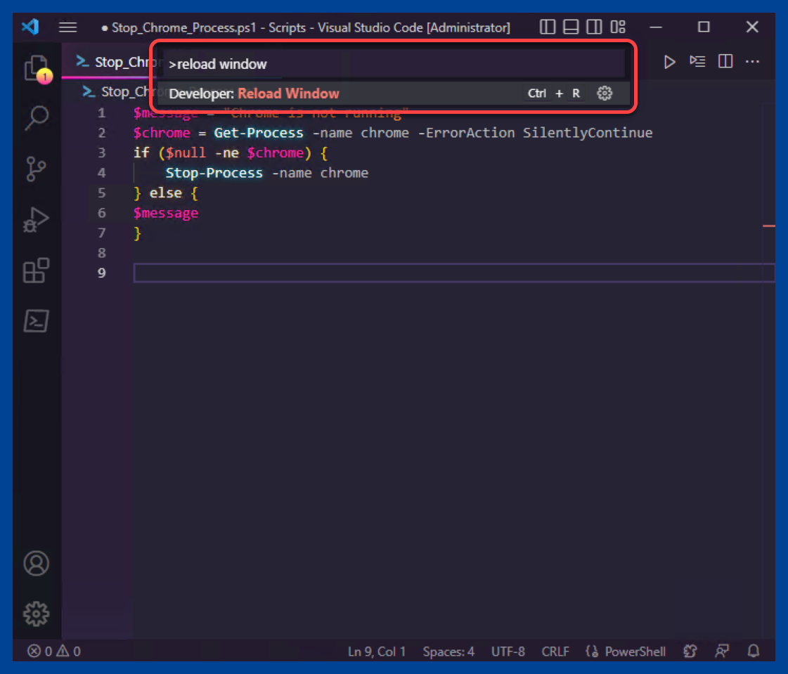 Using the reload window command to reload VS Code