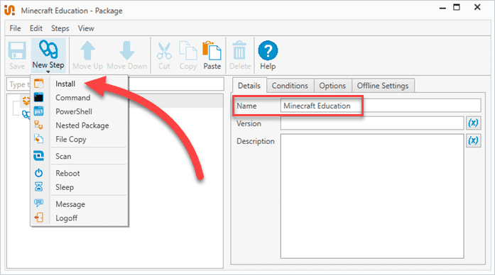 Adding a new install step in PDQ Deploy.
