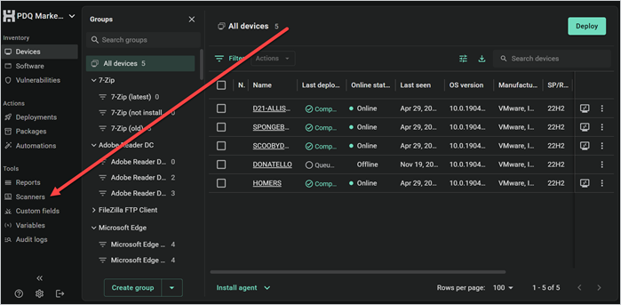 PDQ Connect console with the Scanners option highlighted in the left navigation menu.