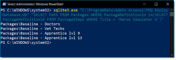 Screenshot of PowerShell query of SQLite database to find nested package location.