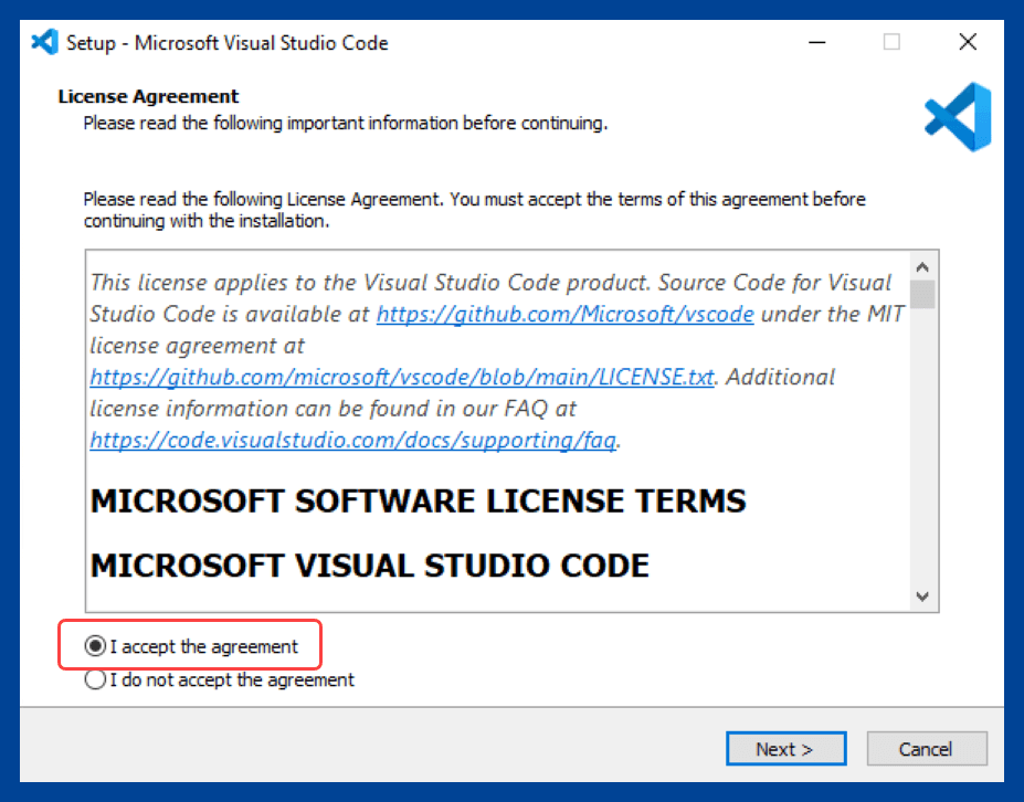 Agree to the license agreement terms