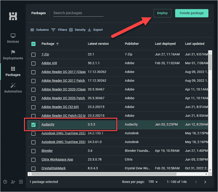 PDQ Connect packages list showing available prebuilt software packages