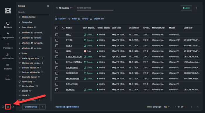 PDQ Connect dashboard with arrow pointing to Settings icon.