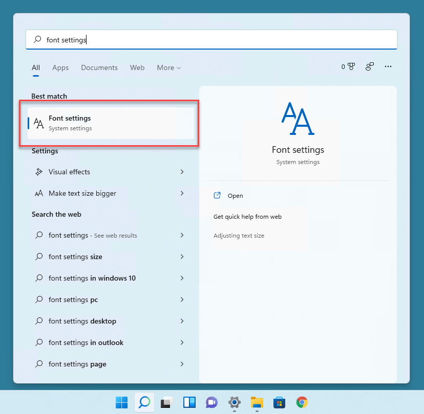 Opening the font settings window.