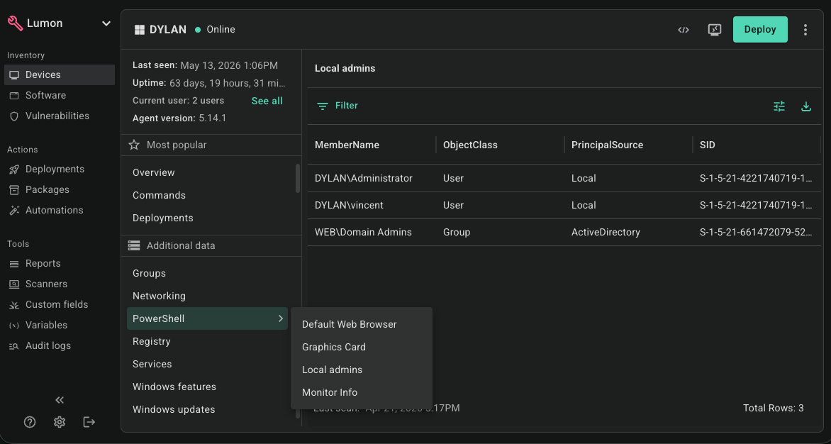 PDQ Connect interface showing local administrators on a Windows device, including user accounts and Active Directory groups, with the PowerShell tools menu expanded.