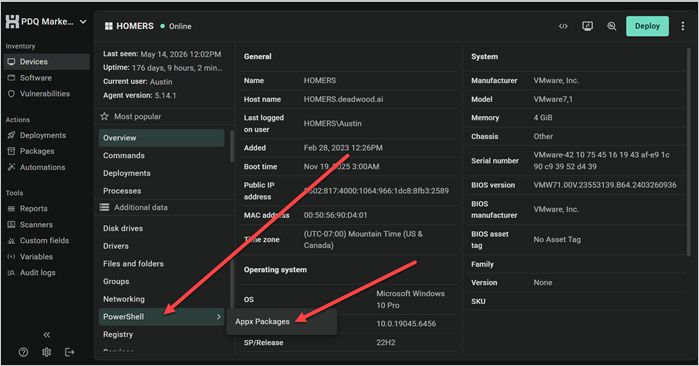 PDQ Connect device details page showing the PowerShell scanner menu with Appx Packages selected.