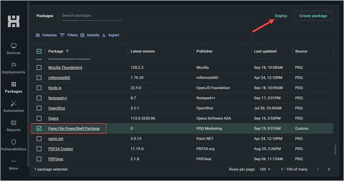 Screenshot of the PDQ Connect UI showing the package and the Deploy button.