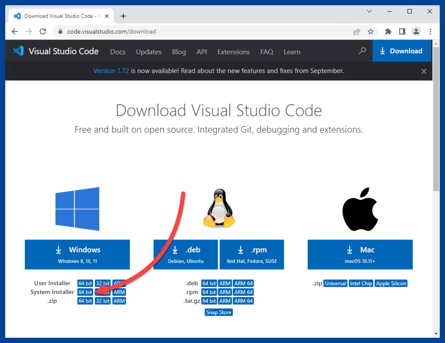 Select the VS Code system installer