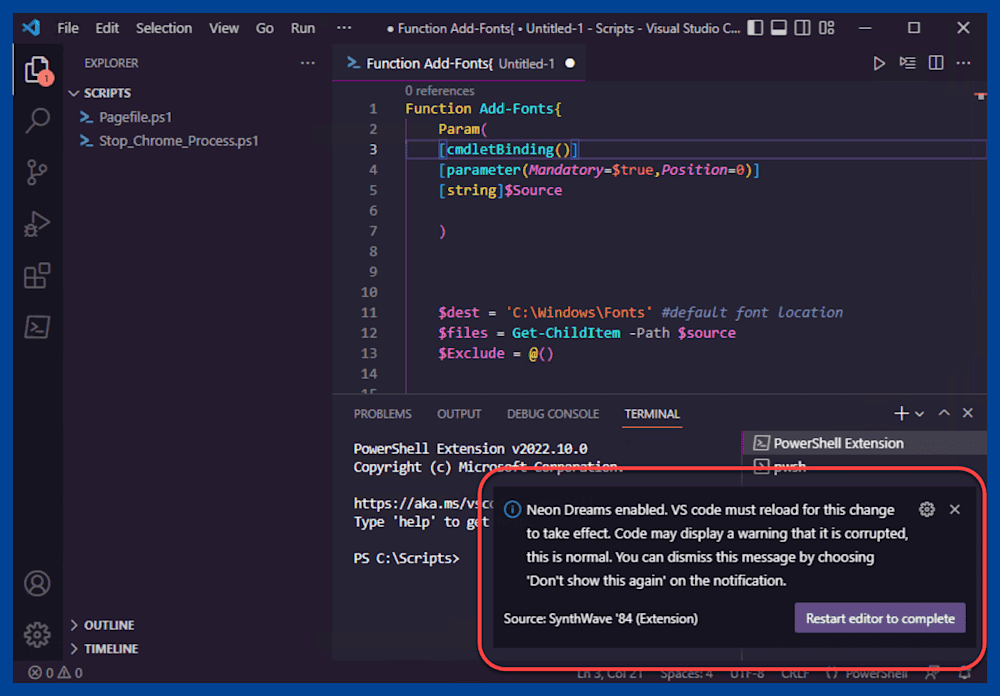 Prompt indicating that VS Code needs to reload for the changes to take effect