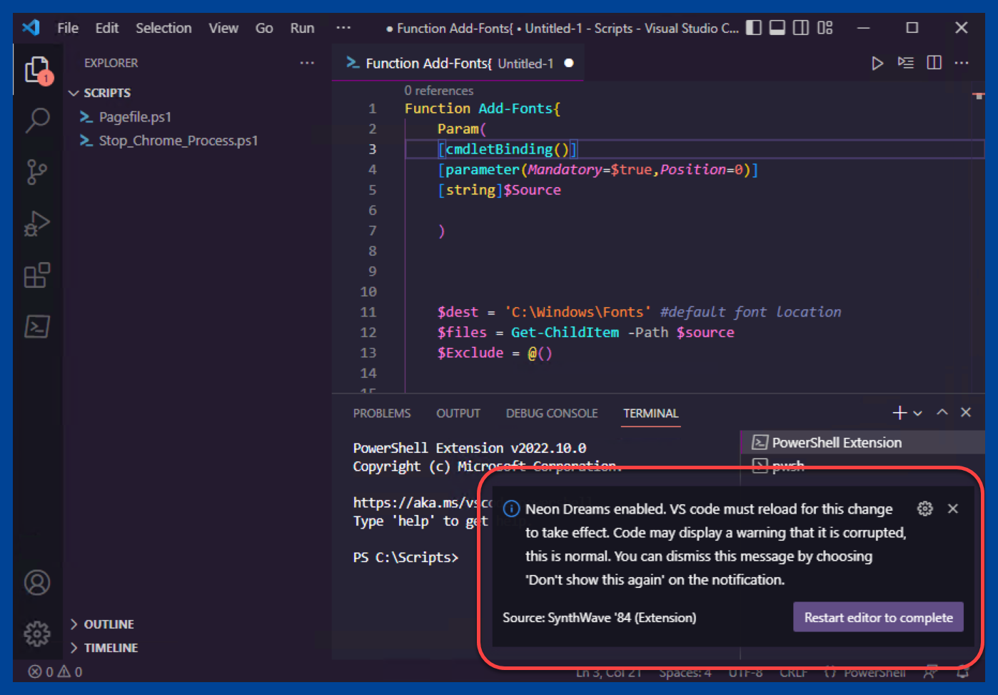 Prompt indicating that VS Code needs to reload for the changes to take effect