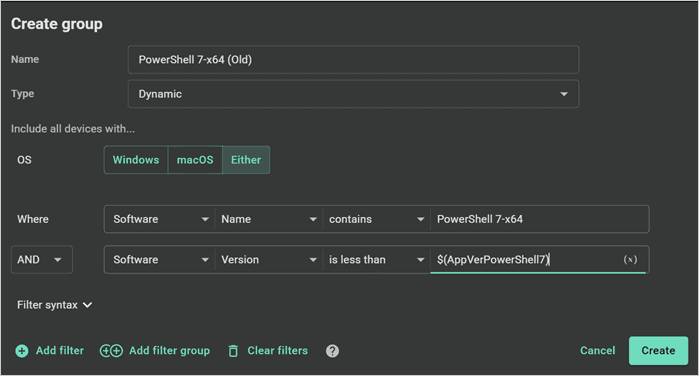 PDQ Connect filters targeting PowerShell 7-x64 versions below the current app version.