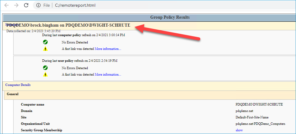 verify the user and computer in the generated report