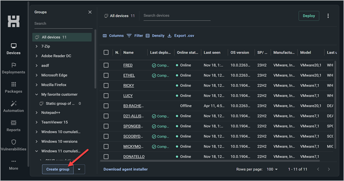 Screenshot showing the "Create group" button in the PDQ Connect interface.