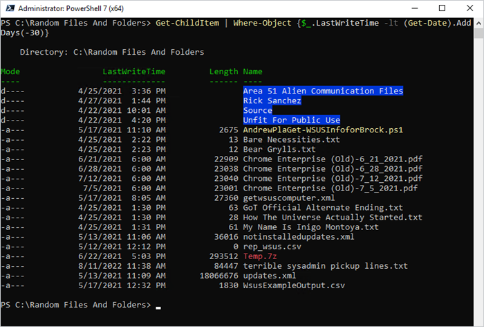 Screenshot of PowerShell console showing the output of the previously mentioned script.